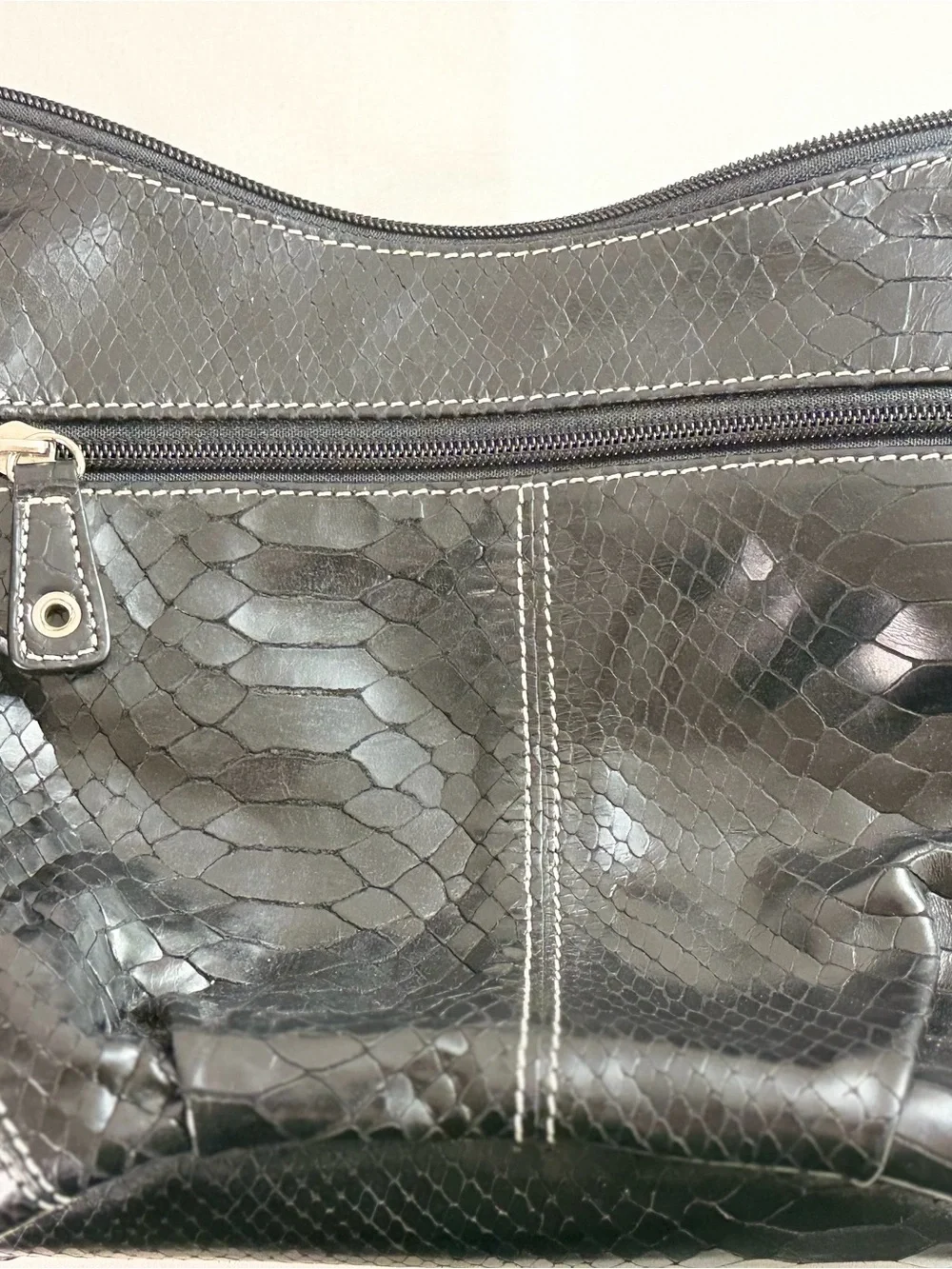Black Faux-Snake Hobo Bag with Front Zip Pocket